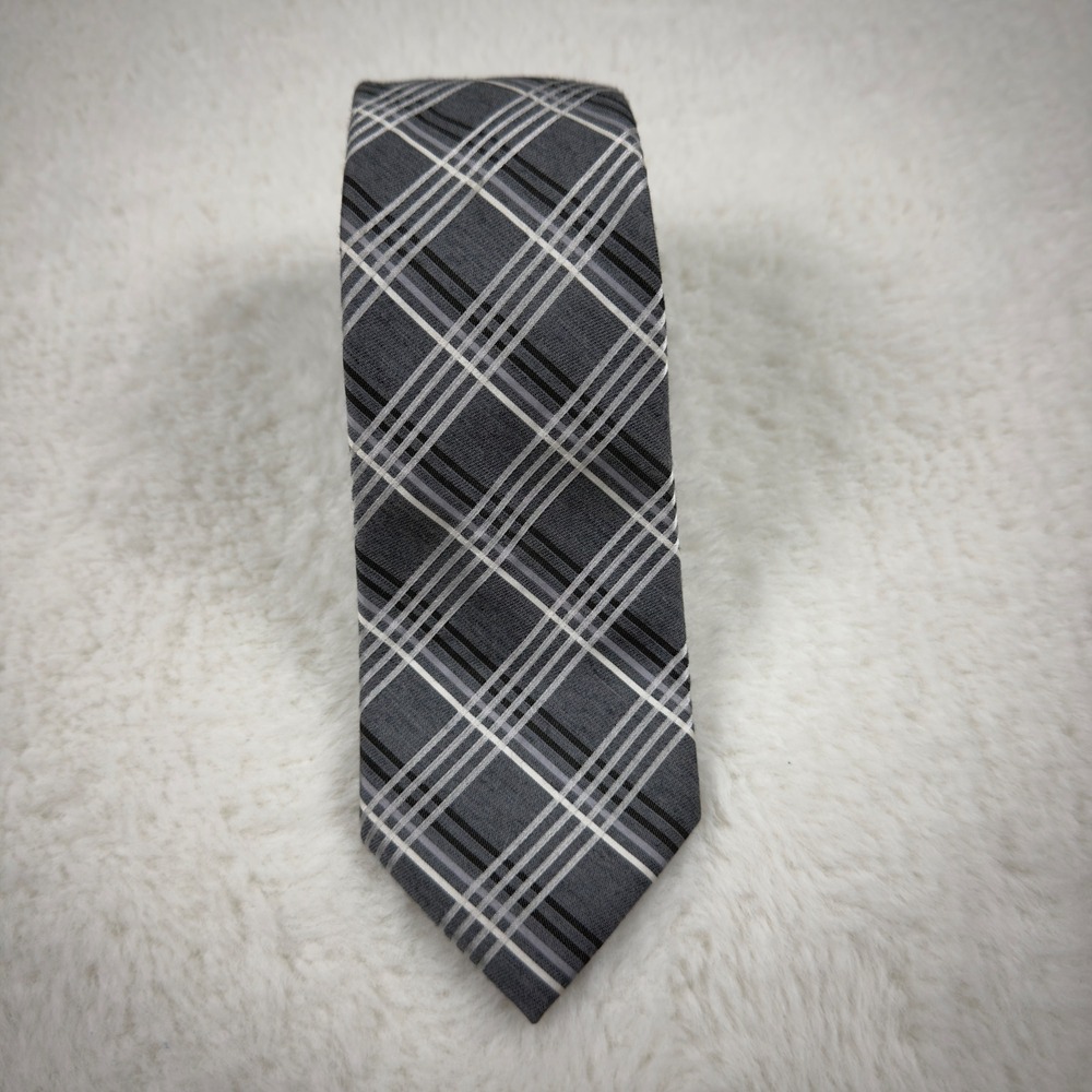 Express Mens Grey Plaid Necktie Black White Checkered Formal Business Tie